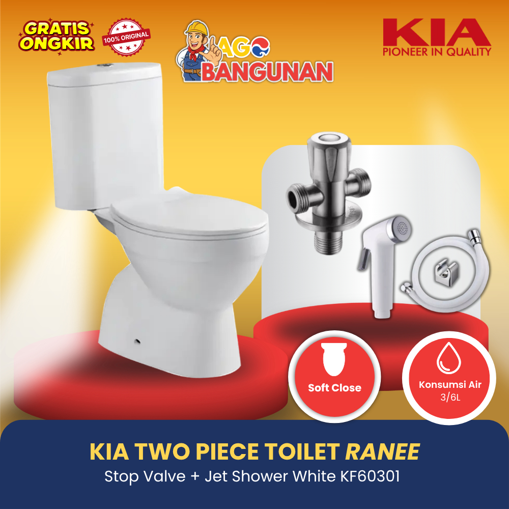 Toilet Duduk KIA Ranee 1012 + Stop Keran dan Jet Shower Bidet KIA KF60301 White