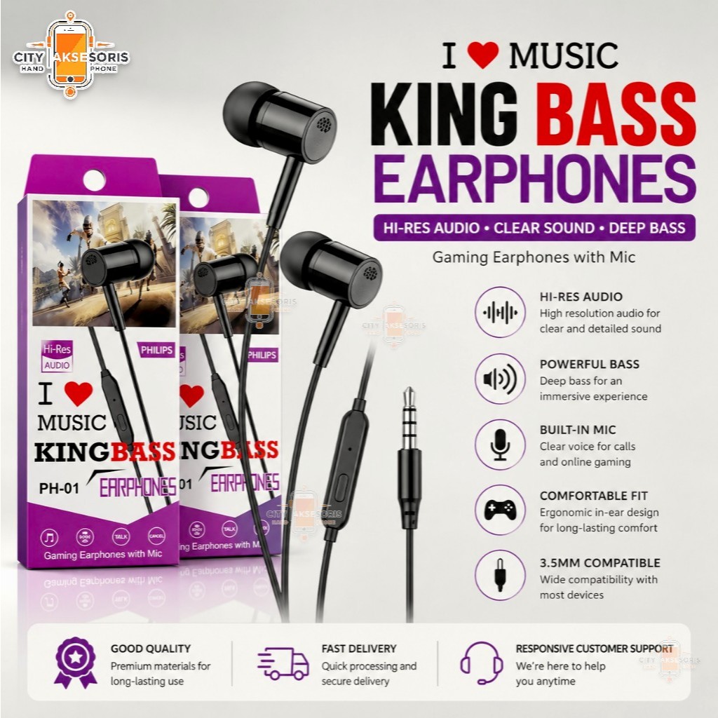 Headset Handsfree Philips PH-01 Extra Bass Suara Jernih Earphone  Jack 3.5mm Musik HP Android