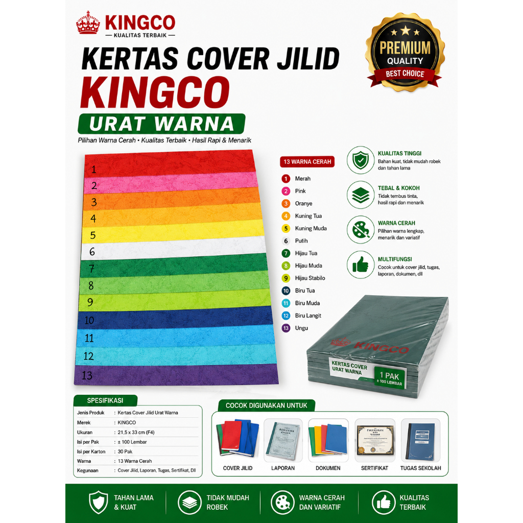 Kertas Cover Jilid Buffalo KINGCO Original (Warna-Warni / Putih Polos)