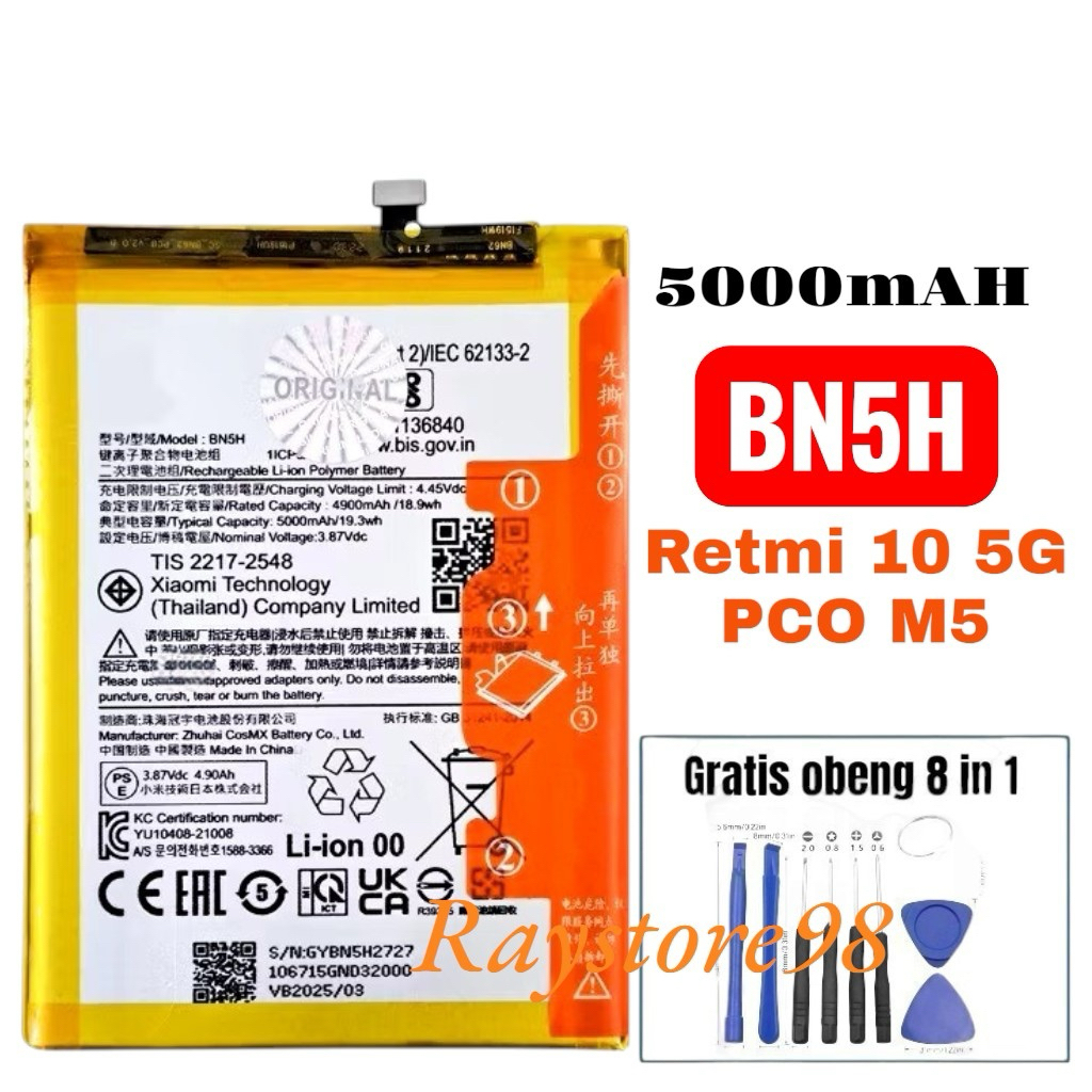 Battery Rdmi 10 5G / P0C0 M5 / BN5H ORGINAL GRATIS OBENG 8in1 Baterai Batre Batrai Btrai Retmi 10 5G