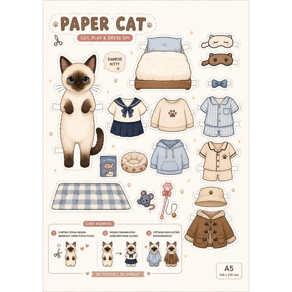 Paperdoll Kucing Siamese A5 Sudah Print Siap Pakai Bonus Velcro Boneka Kertas Anak DIY Dress Up Cat 