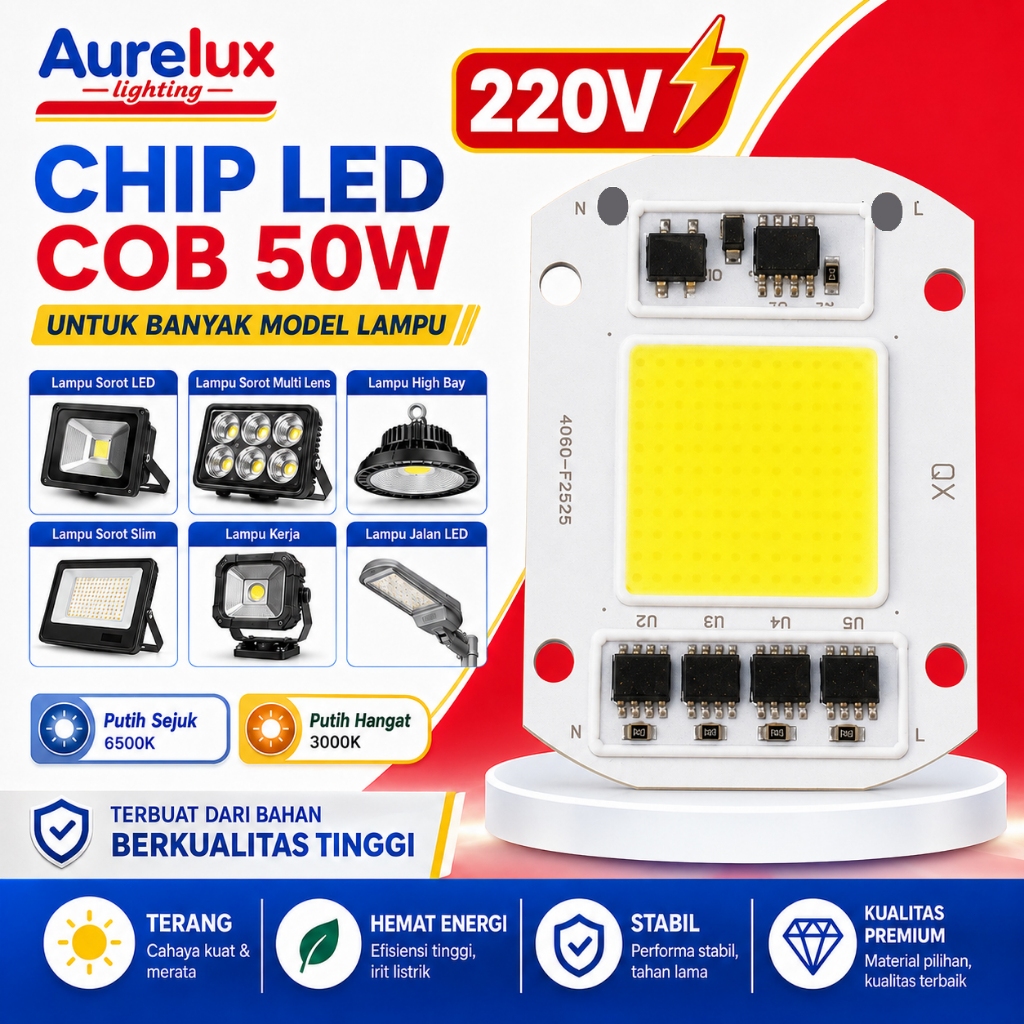 [COD-Garansi 3 tahun]LED Chip LED Lampu COB Floodlight Spotlight 220V Cool White 6000K 3000K 50W - W