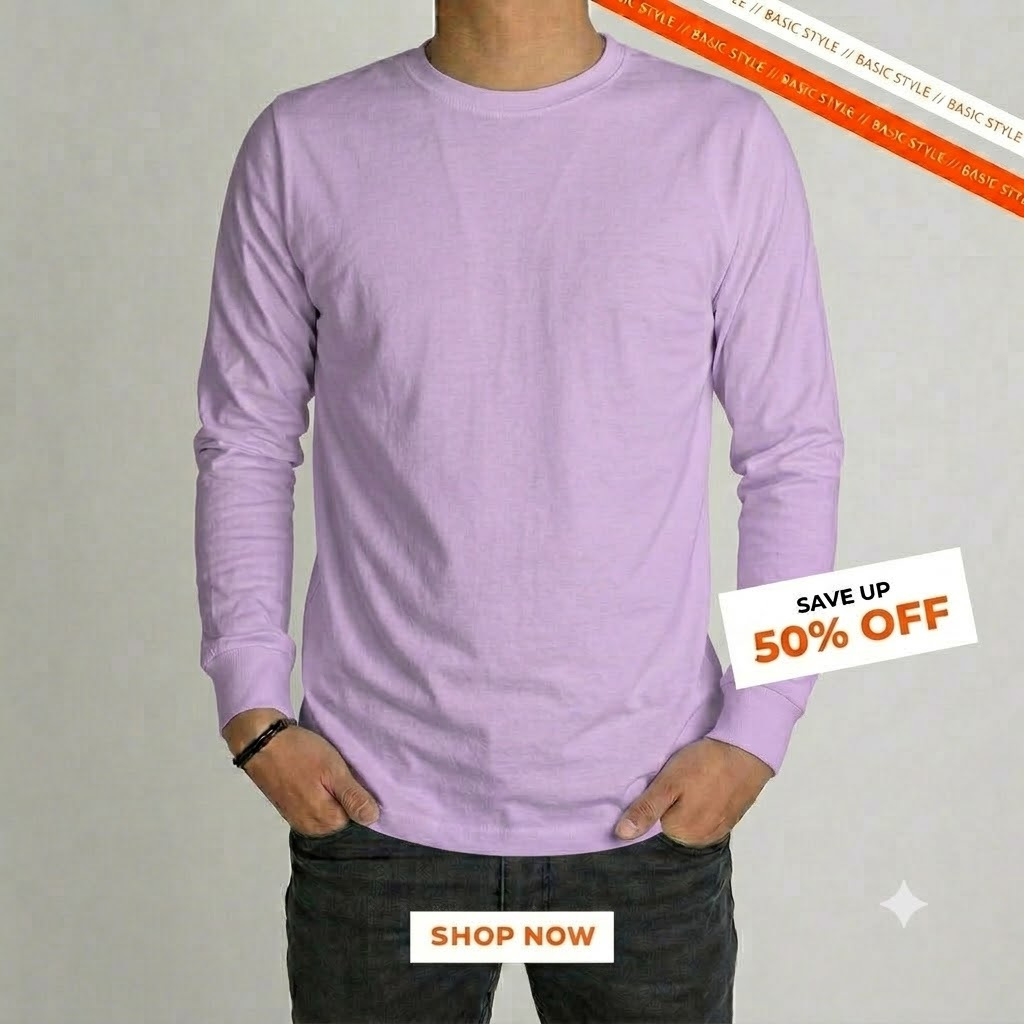 Kaos Polos LENGAN PANJANG Longsleeve WARNA LILAC/UNGU MUDA Katun Combed 30's Pria Wanita
