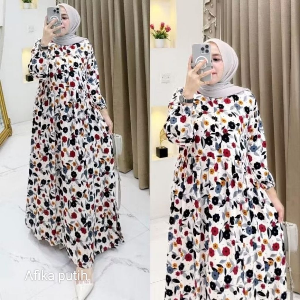 Midi Dress Rayon Premium Jumbo LD 110-120 Busui Wudhu Friendly Gamis Motif Bunga Terbaru