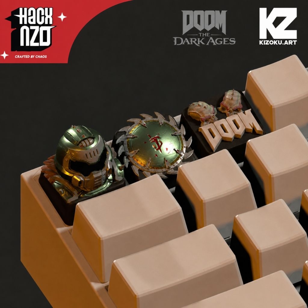 DOOM Artisan Keycap Set – Doom Slayer Helmet, Shield Saw & Logo Keycaps – Handmade Resin Mechanical 