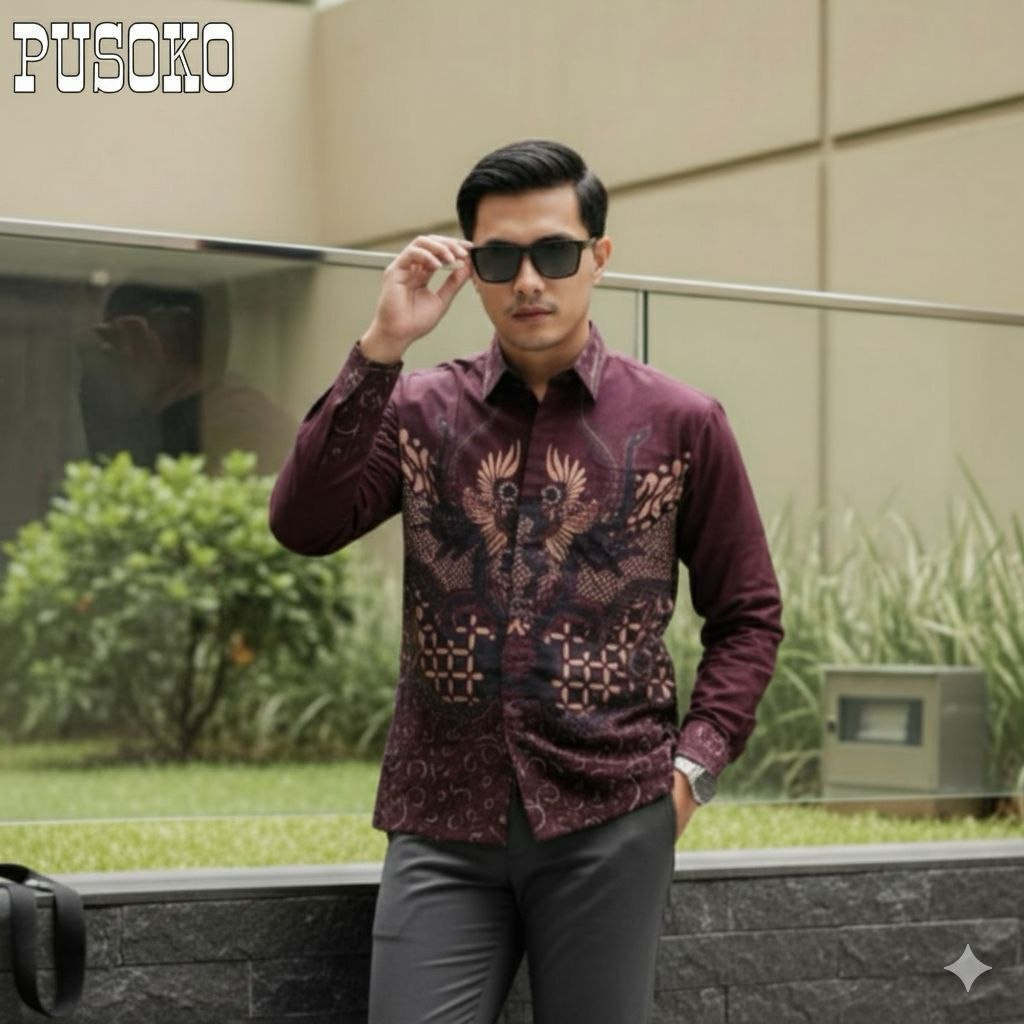 Kemeja batik pria motif pangestu burgundi