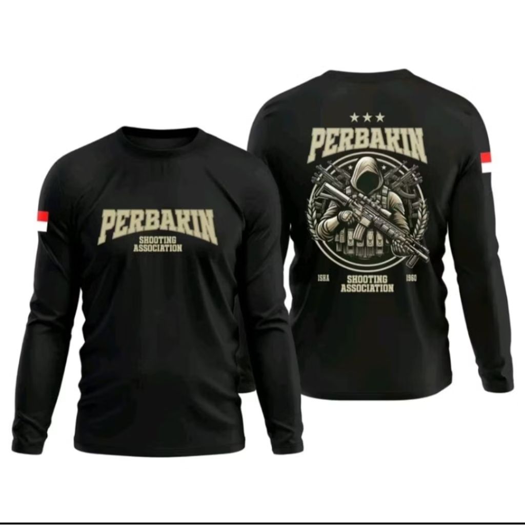 KAOS LENGAN PANJANG PERBAKIN SHOOTING ASSOCIATION MOTIF BULAT ORANG BAWA SENJATA CREAM