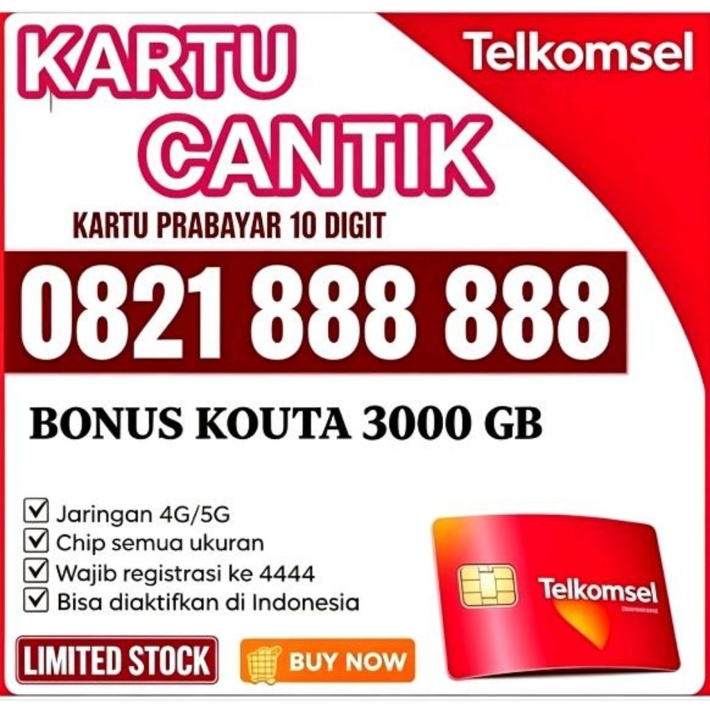 kartu perdana Telkomsel nomor cantik Bonus Kouta 3000 GB kouta utama 24 jam selama 1 tahun