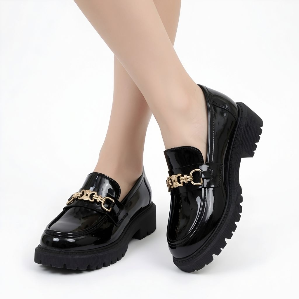Sepatu Docmart Wanita Hitam Gesper Hak Datar Kasual Import Premium DF 566 Sepatu Flat Loafers Kulit 