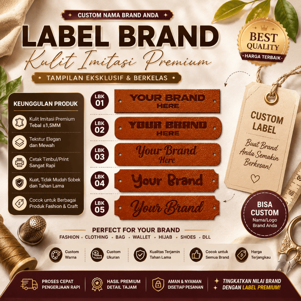 Label Kulit Imitasi Custom Logo Brand Baju Tas Hijab Sepatu Handmade Premium Emboss Tag Merek Jahit