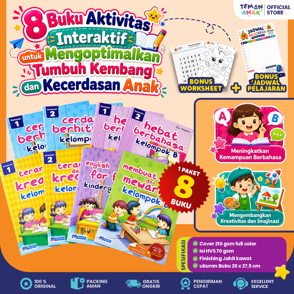 Paket 8 Buku Worksheet Anak TK B Kelompok B Belajar Berhitung Bahasa English Activity & Motorik Anak