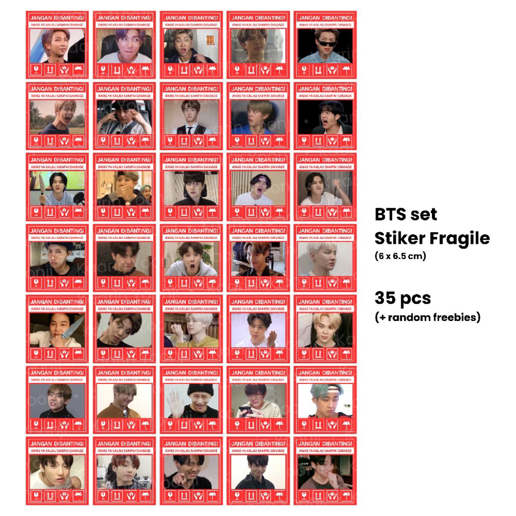 BTS Set Stiker | Sticker Fragile 35 Pcs (uk. 6 x 6.5 cm) - Bonus Random Freebies