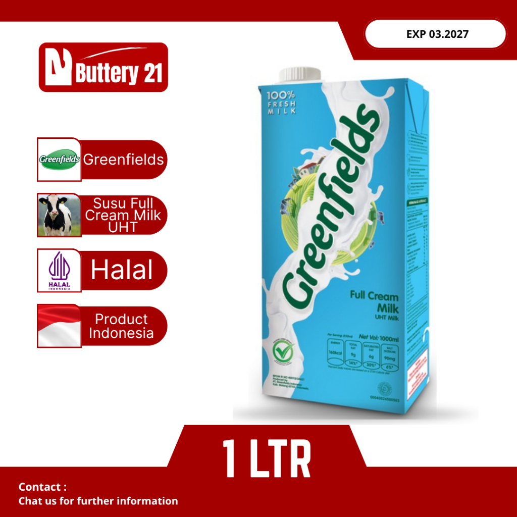 GREENFIELDS UHT 1 LTR/SUSU GREENFIELDS/GREENFIELDS SUSU UHT FULL CREAM MILK/SUSU GREENFIELDS
