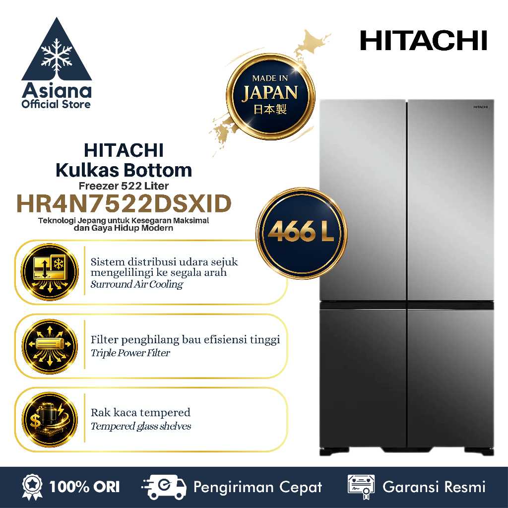 HITACHI Kulkas Bottom Freezer 522 Liter HR4N7522DSXID