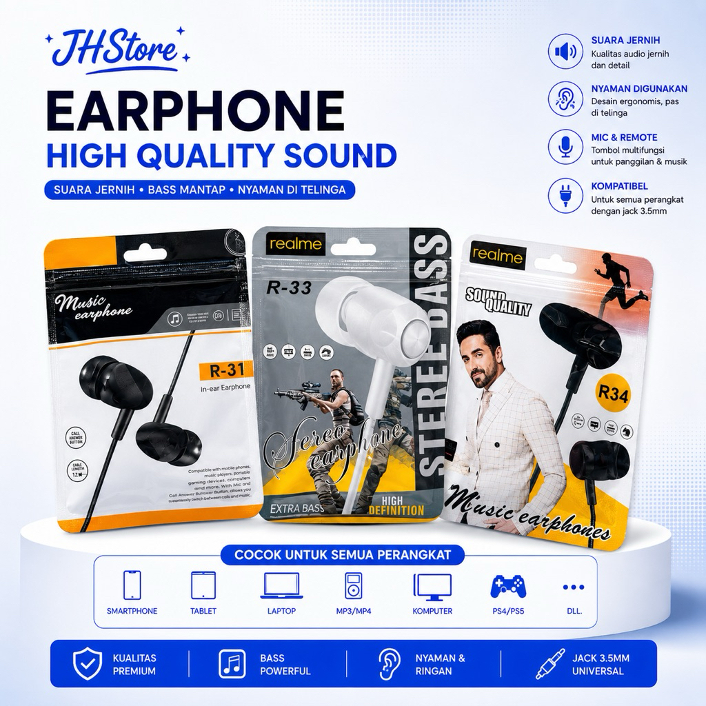 Earphone - Handsfree - Headset REALME BUDS R-31 R-33 R-34 STEREO HF Universal with Mic Jack 3.5mm R3