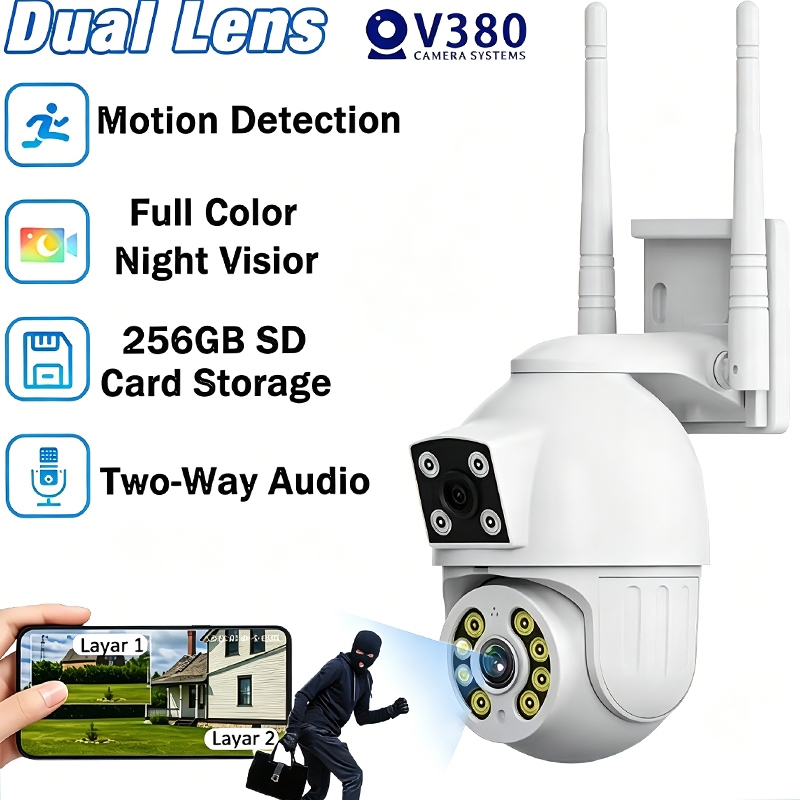 V380 Pro Kamera CCTV 12MP Lensa Ganda Layar Ganda Ai Kamera Pengintai Luar Ruangan Nirkabel Pelacaka