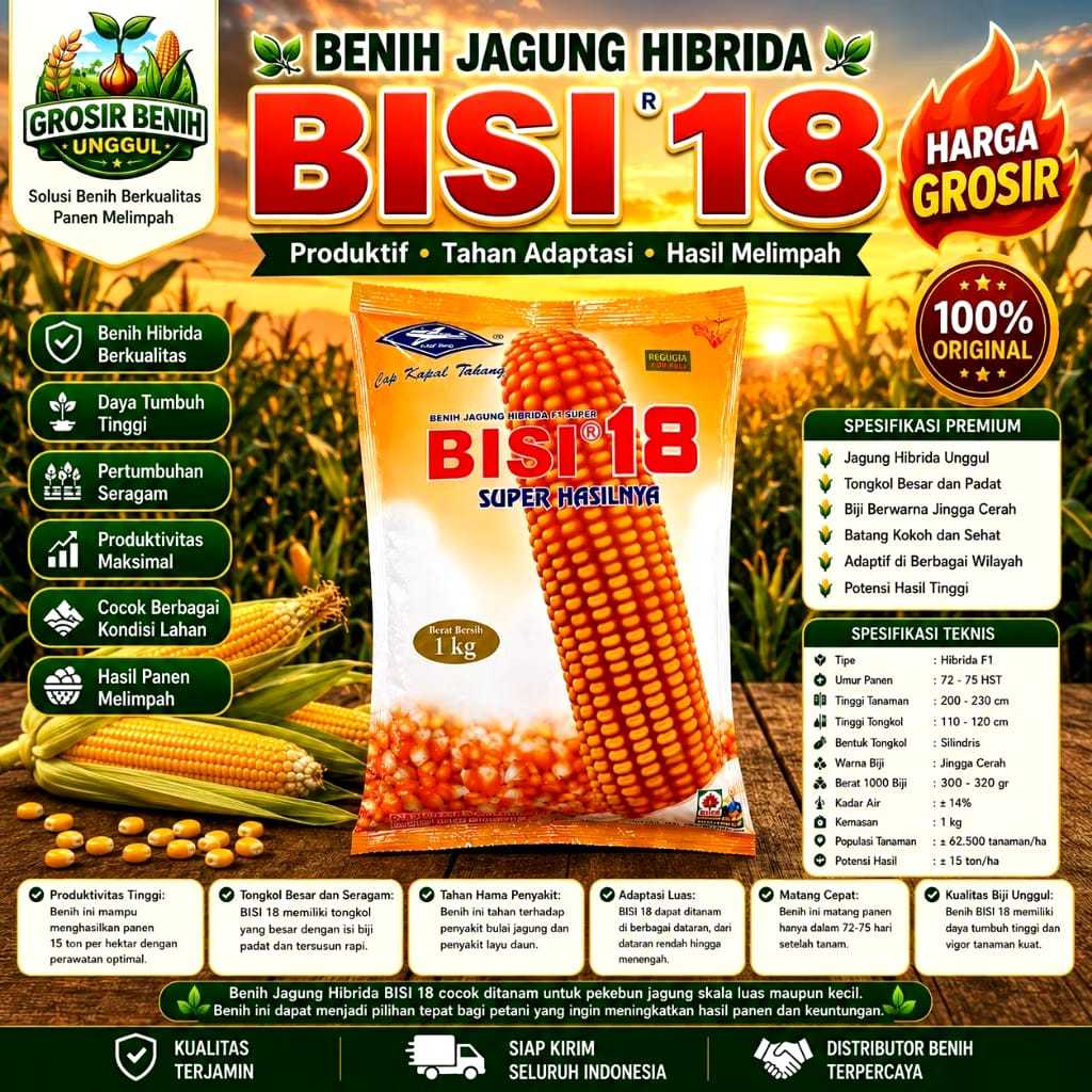 Benih Jagung Hibrida BISI 18 Original Kemasan Pabrik 1 Kg Bibit Biji Jagung Unggul Super Tahan Penya