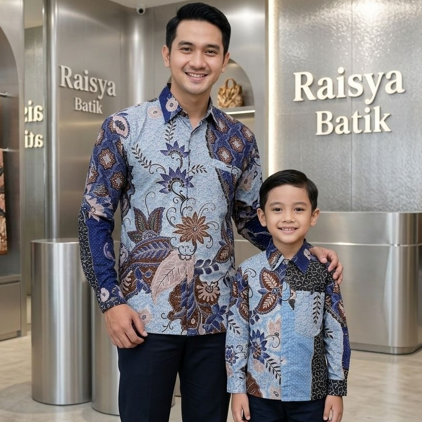 Biru Navy Rinjani, Kemeja Batik Couple Ayah Dan Anak, Warna Denim, Bahan Dobby Tenun, Furing Arrow