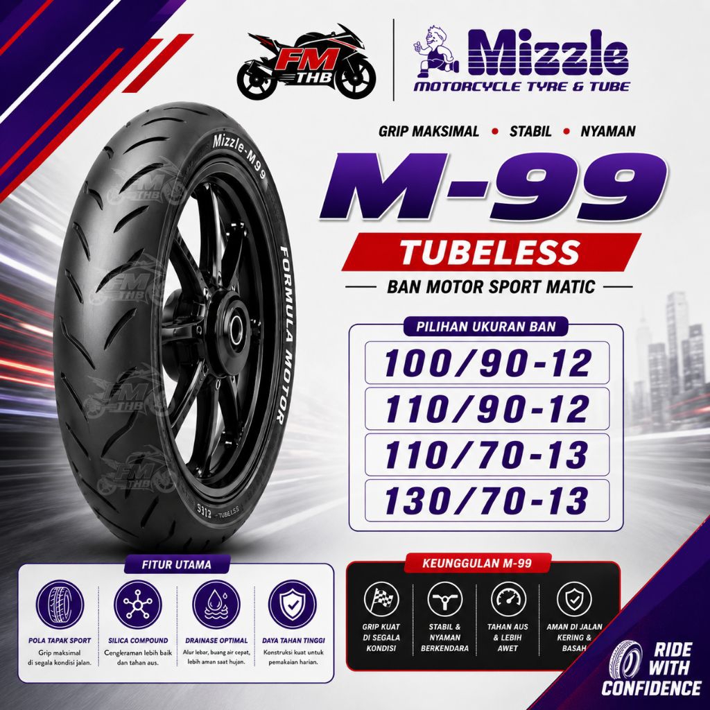 Ban Mizzle M99 M-99 Ring 12 , 13 Tubeless - Ban Tubeless Ring 12 , 13 (Pilih Ukuran)