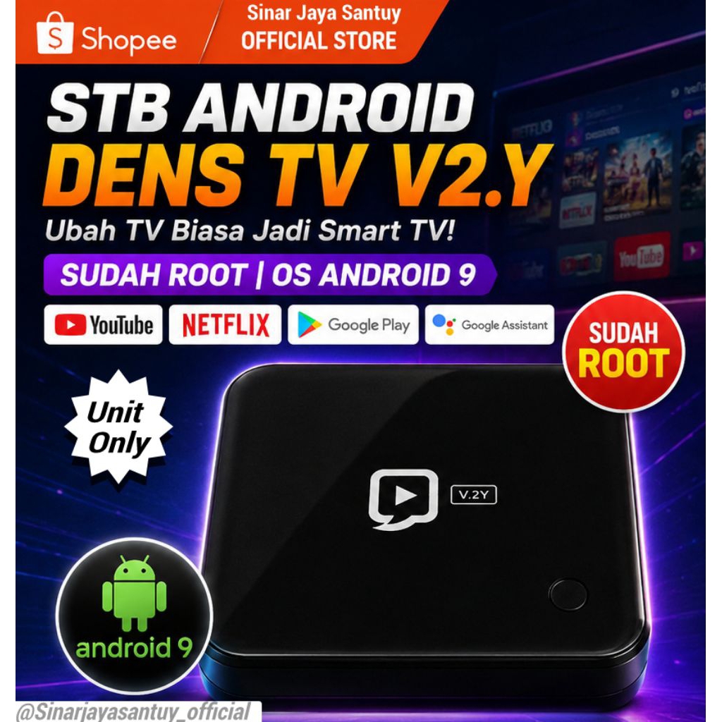 STB Android Dens TV V.2Y Original OS Android 9 Sudah Root Siap Install IPTV YouTube Smart TV Box