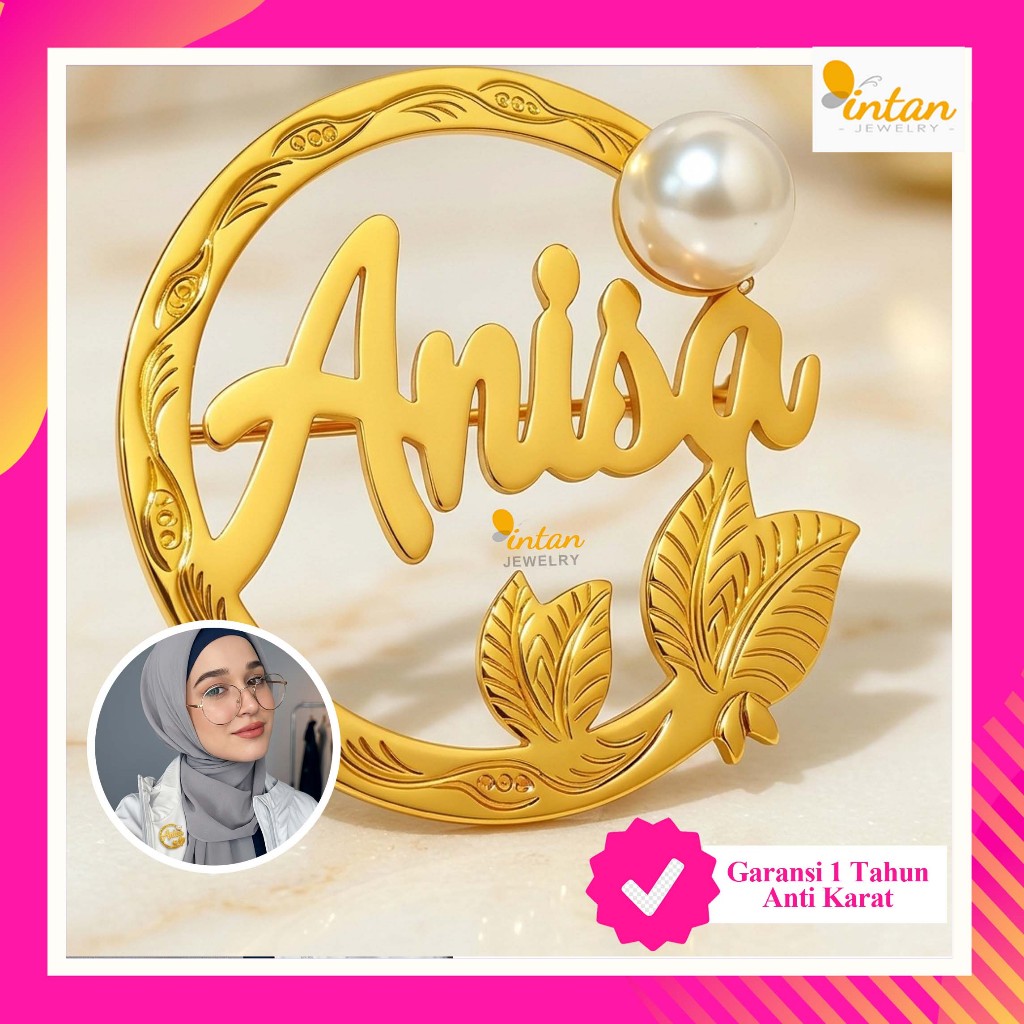 Bros Motif Daun Custom Nama & Logo Lapis Emas - Pin Hijab Bross Ukir Mutiara - Anisa Brooch Name