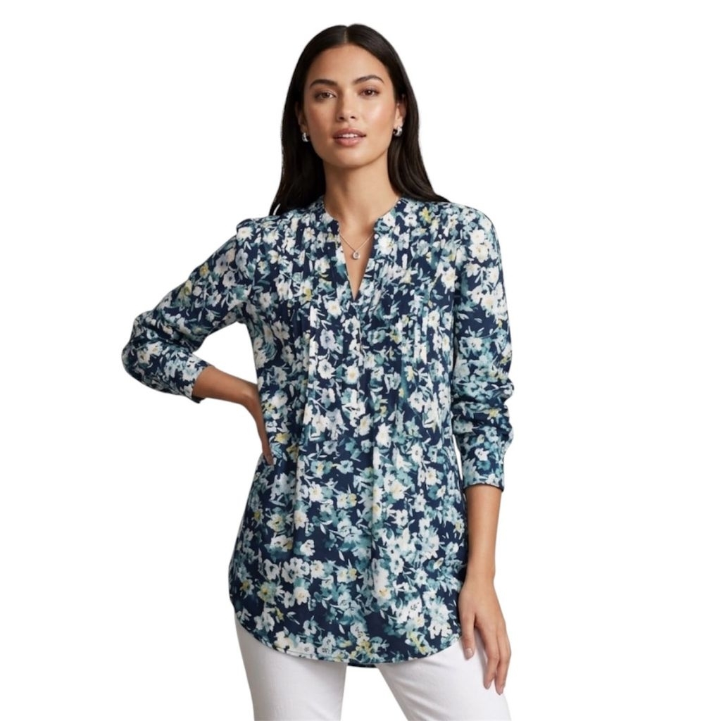 DNY V-Neck Blouse In Navy Floral