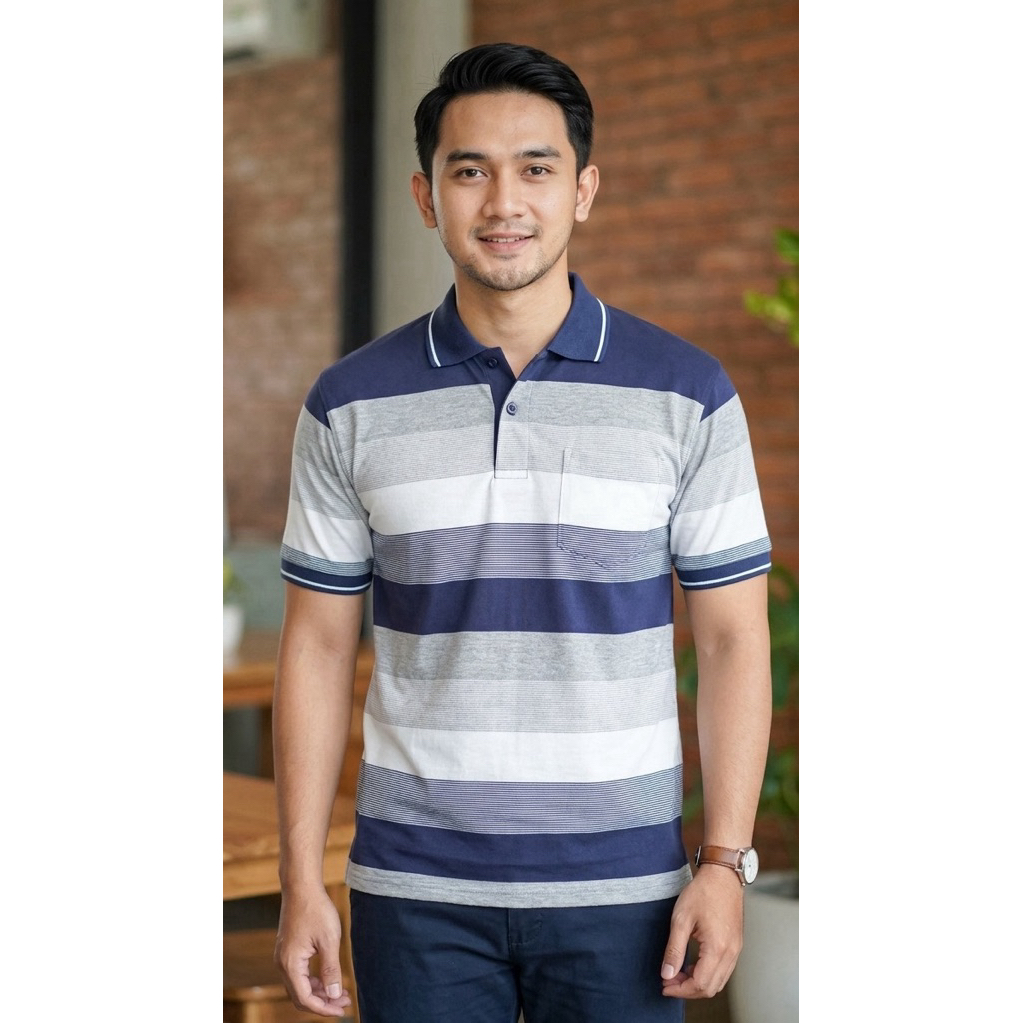 Baverre By Hasenda Kaos Polo Pria Salur Garis Lengan Pendek Navy