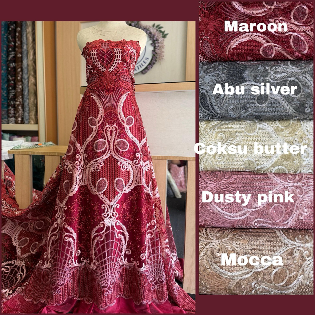 kain tile/tulle stone payet motif elisab, Kain tile brokat, tile accessories, tile akar, tile sewaro