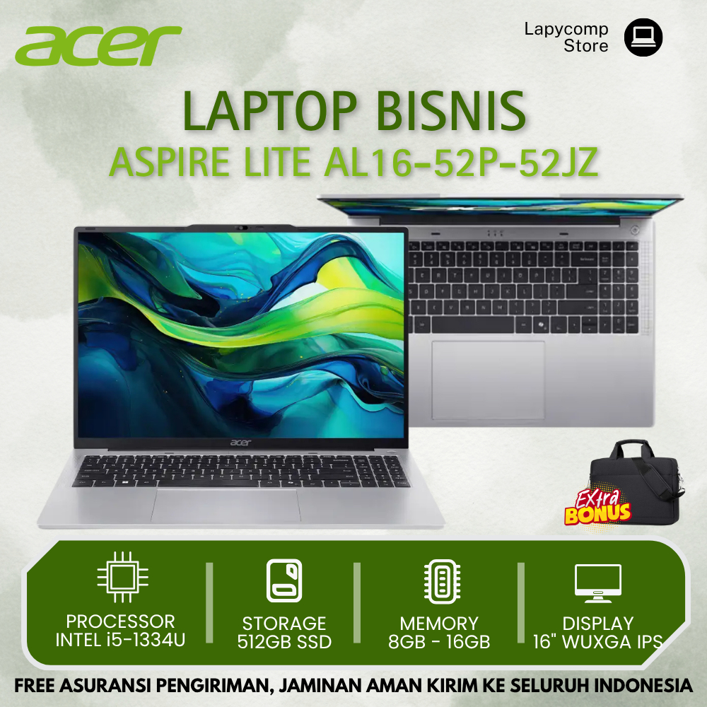 Acer Aspire Lite 16 - 52JZ Core  i5-1334U 16GB DDR5 Ssd 512GB 16" IPS Baru Laptop Bisnis Kuliah