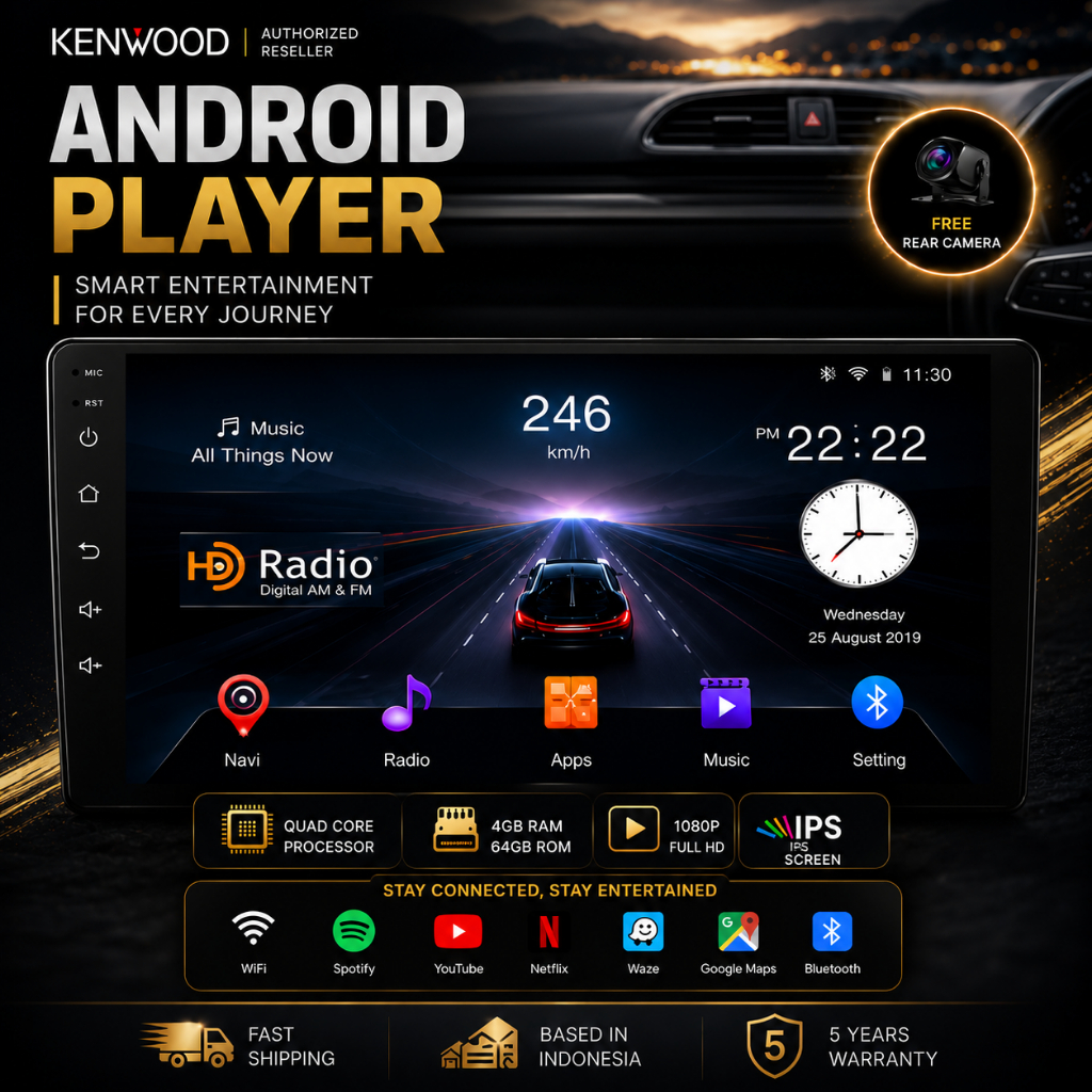 Kenwood 8G+128G FHD Android 14 8 Core Android Car Player dengan Kamera mundur Gratis