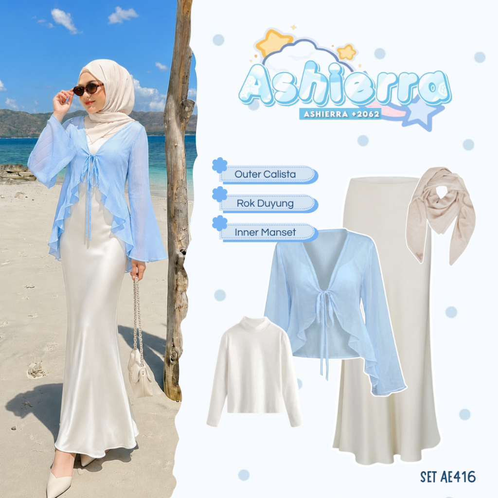 sharenaoutfit - 4 IN 1 Set Outfit Wanita Outer Pantai Korean Style (Outer Calista + Rok Duyung Satin