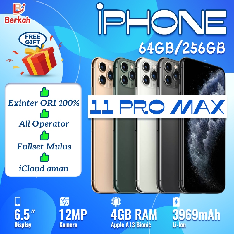 iPhone 11Pro Max Second 256GB 64GB 6,5inch Fulset Mulus A13 Bionic ROM 4GB 3U Green Semua kartu ip 1