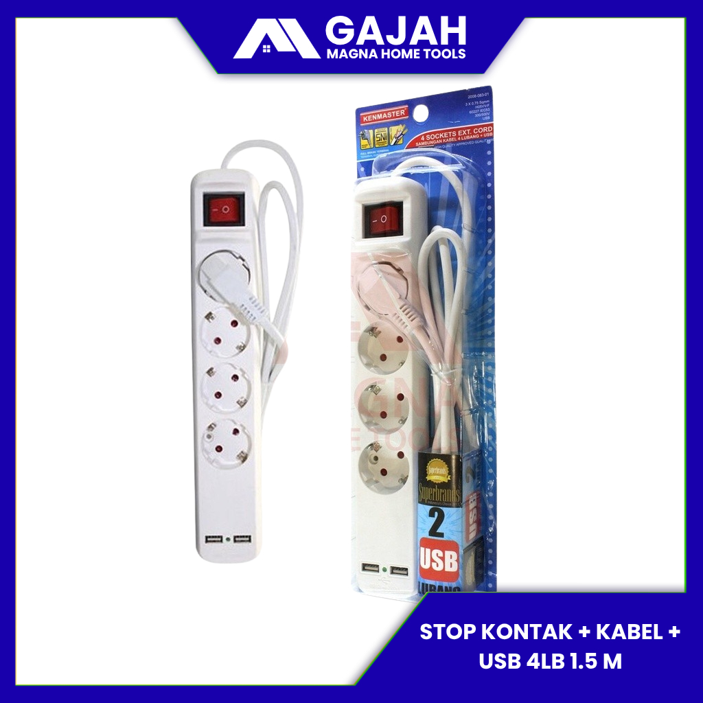 KABEL ROL STOP KONTAK COLOKAN LISTRIK 1,5M KOMPLIT 2 PORT USB ASLI KENMASTER