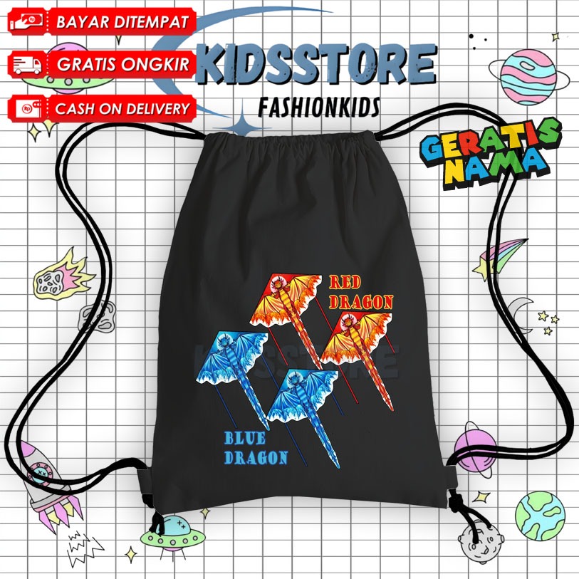 (BISA COD) Tas Serut String Bag Anak Layang Layang Free Nama / Tas Serut Cordura Ransel Layangan Nag