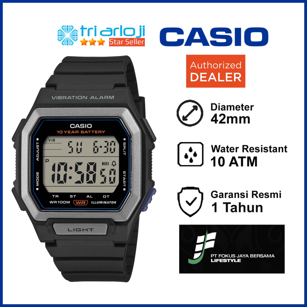 CASIO W-738H-1AVDF Jam Tangan Pria Digital Karet Original W-738H-1A W738H Vibrate Alarm