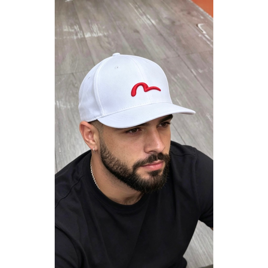 topi evisu putih lis merah premium