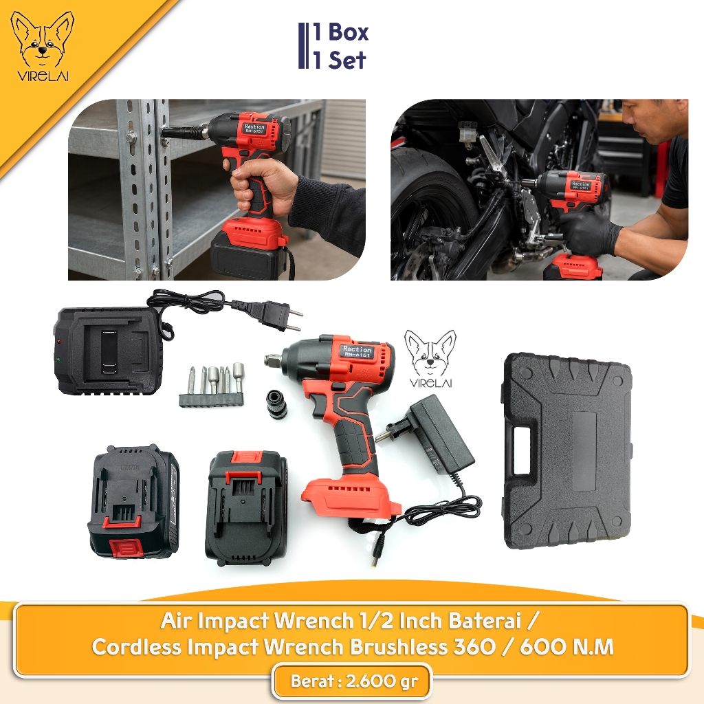 Air Impact Wrench 1/2 Inch Baterai /  Cordless Impact Wrench Brushless 360 / 600 N.M [RACTION / JLD]