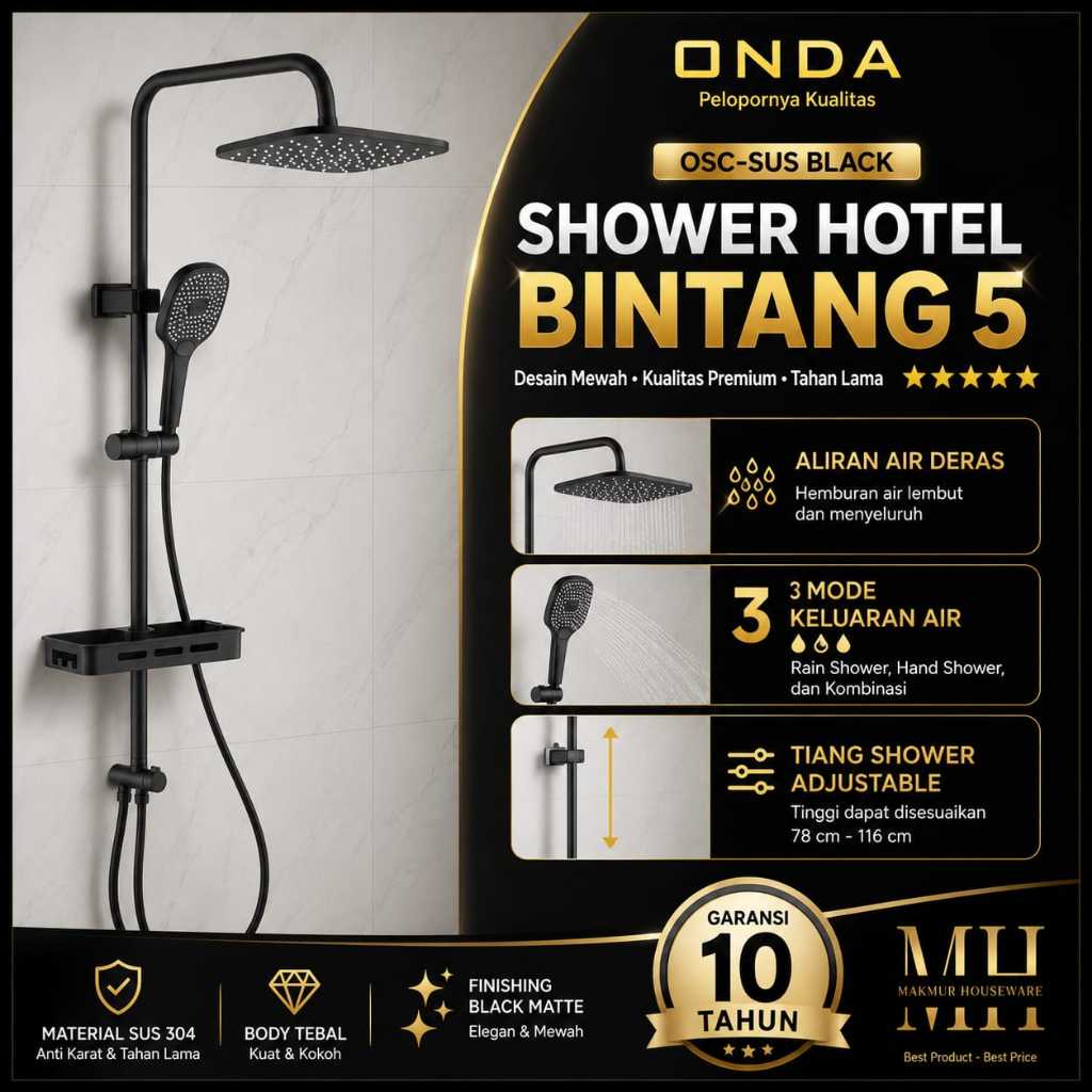 TIANG SHOWER AIR DINGIN HITAM STAINLESS STEEL MERK ONDA / TIANG SHOWER HITAM STAINLESS ONDA