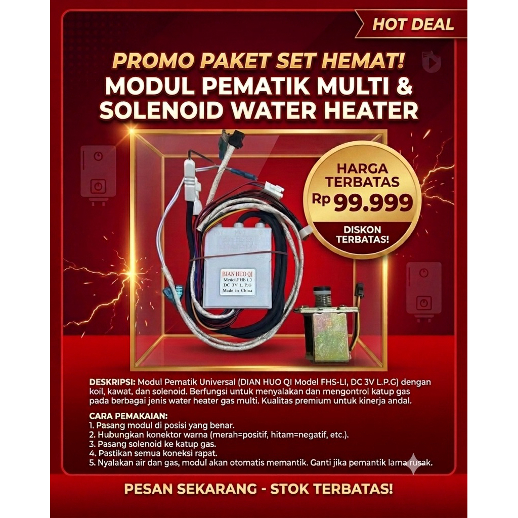SATU PAKET Modul + Selenoid Water Heater DOMO LPG Gas | Set Pemanas Air Gas Kwalitas