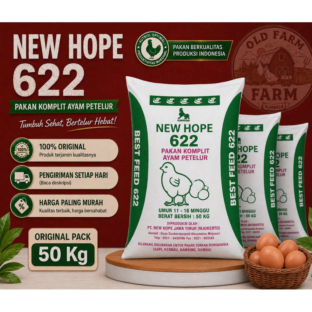 1 SAK 50 KG NEW HOPE 622 – Pakan Komplit Ayam Petelur Pra Produksi ( Grower ) | Best Feed 622 | Old 