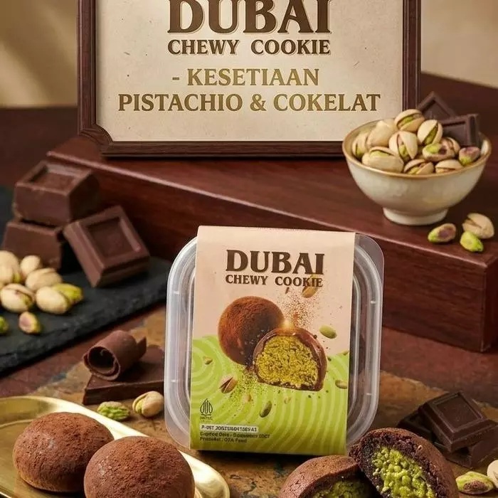 Dubai Chew Cookie kunafa glaze pistachio halal pirt Exp date panjang Marshmallow susu bubuk coklat pistasio paste Dessert