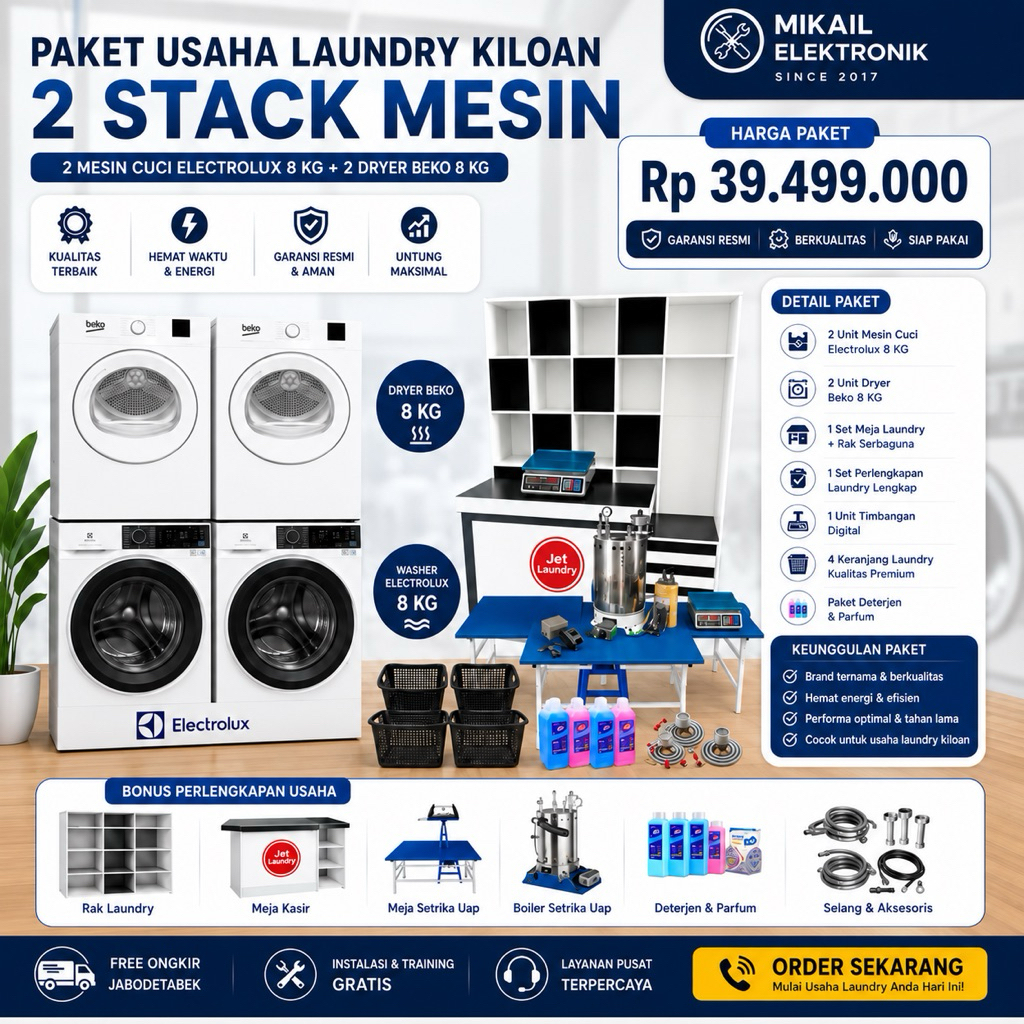 PAKET LAUNDRY KILOAN MESIN CUCI ELECTROLUX  DRYER BEKO SELLER EROPA 2 STACK +MEJA RAK LAUNDRY