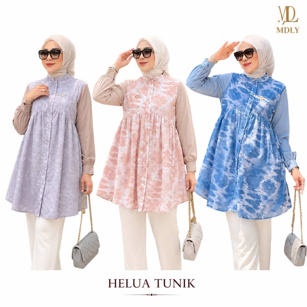 MDLY Helua Tunik bahan Katun Bordir Promo Atasan Wanita Kantor Lengan Panjang Motif abstrak Casual