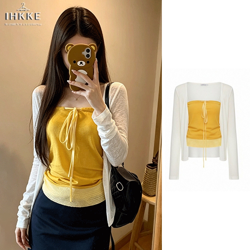 IHKKE Cardigan Rajut Crop / Tube Top Tali Serut / Korea Style Outer Tipis Anti Sinar Matahari / Atas