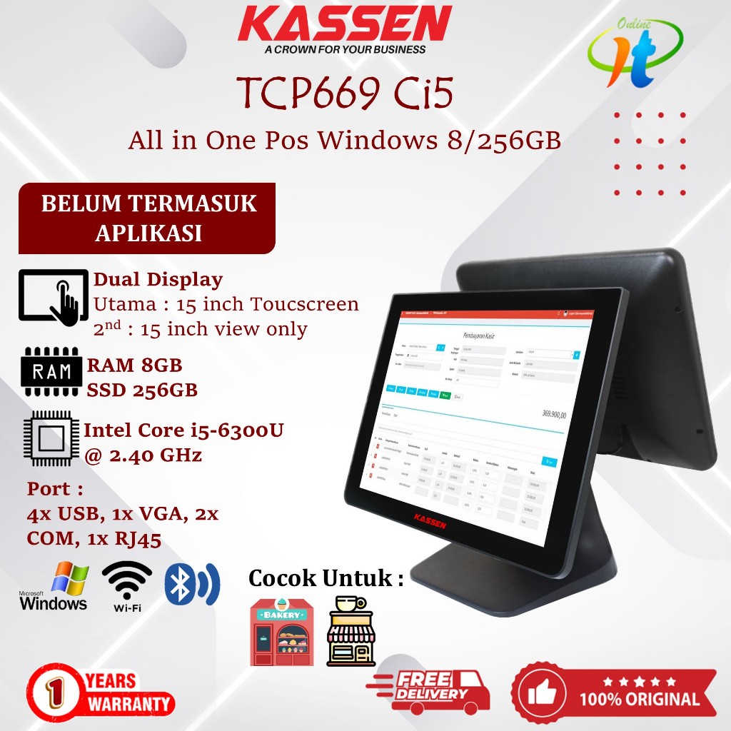Kassen TCP669 Core i5 Ram 8gb Rom 256GB All in One Pos Windows Monitor Kasir 15 inch Touchscreen 669
