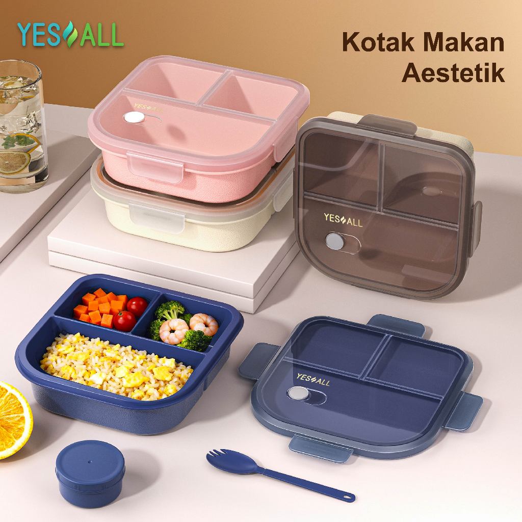 YESALL Anti Tumpah Lunch Box - Kotak Makan 3 Sekat Gratis Sendok Wadah Saos Tempat Bekal Anak Sekola