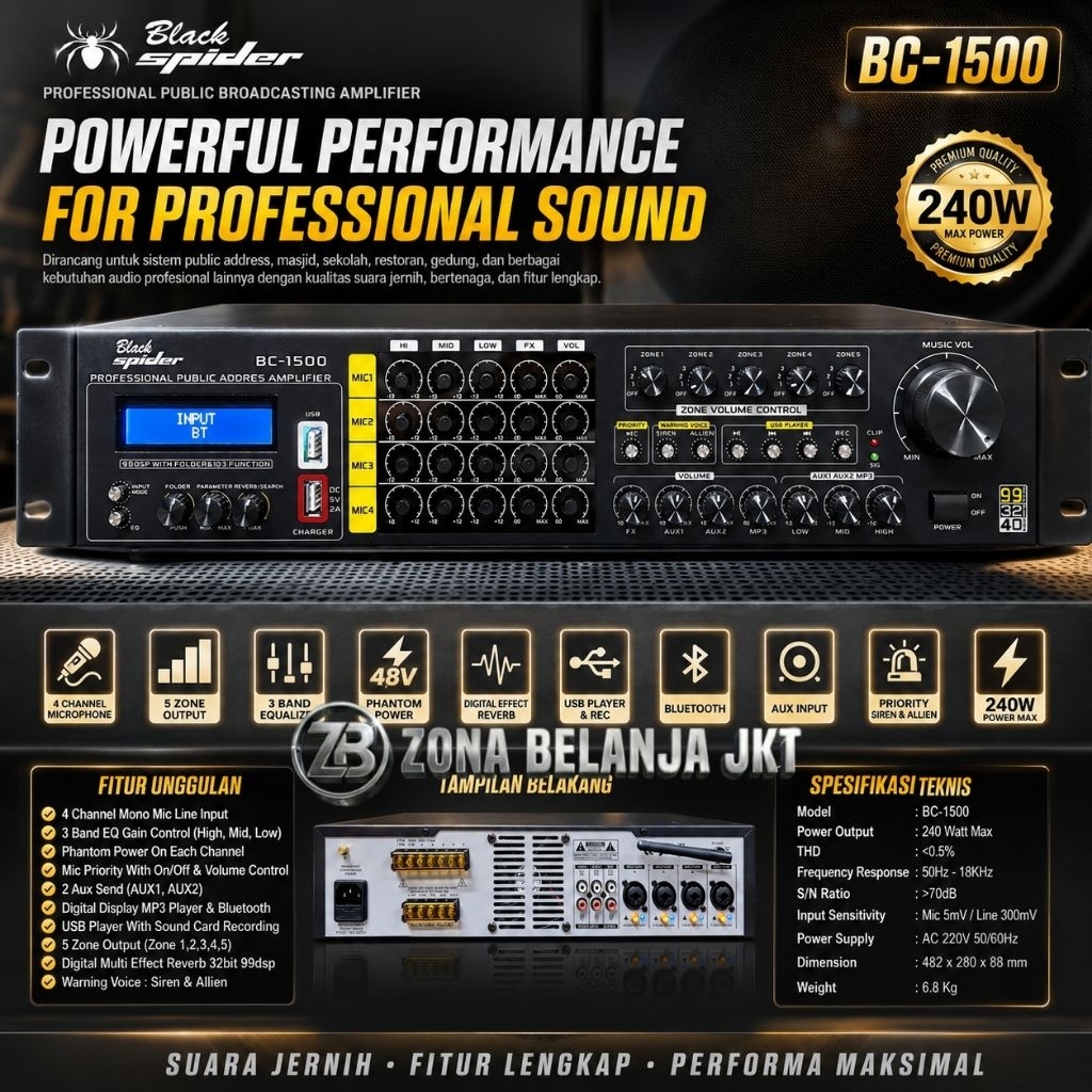 Public Address Amplifier Blackspider BC 1500 240 Watt Matching 100V Usb Bluetooth 5 Zona Volume Cont