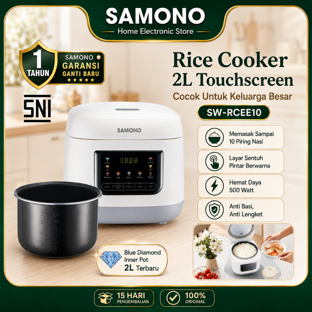 SAMONO Rice Cooker Digital 2L 500W Smart Cooker Touchscreen LED 10 Mode Masak Inner Pot Blue Diamond