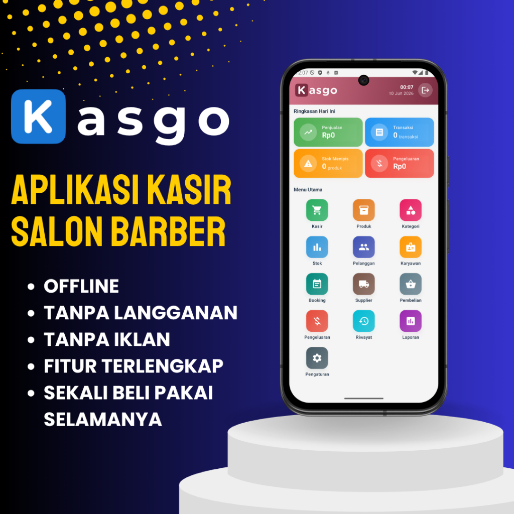 Aplikasi Kasir Android Offline Kasgo Untuk cuci mobil / motor, bengkel, barbershop, salon, kecantika