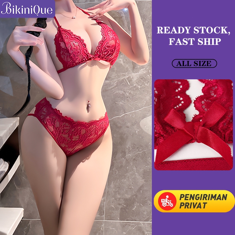 BikiniQue Set Bra Wanita Renda Pita Tali Ikat Tanpa Kawat
